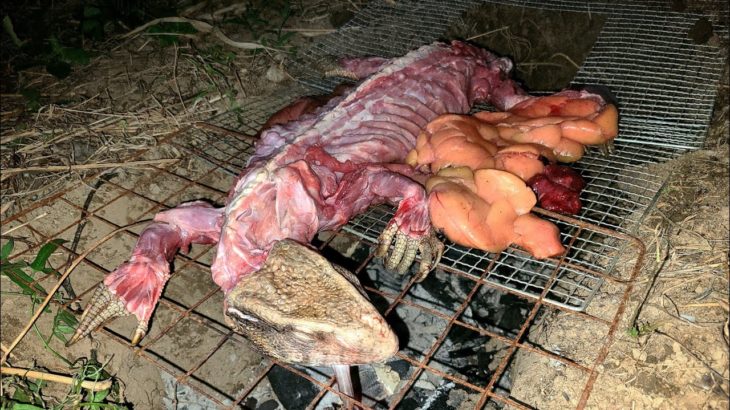 ペットのオオトカゲを丸焼きにして食う