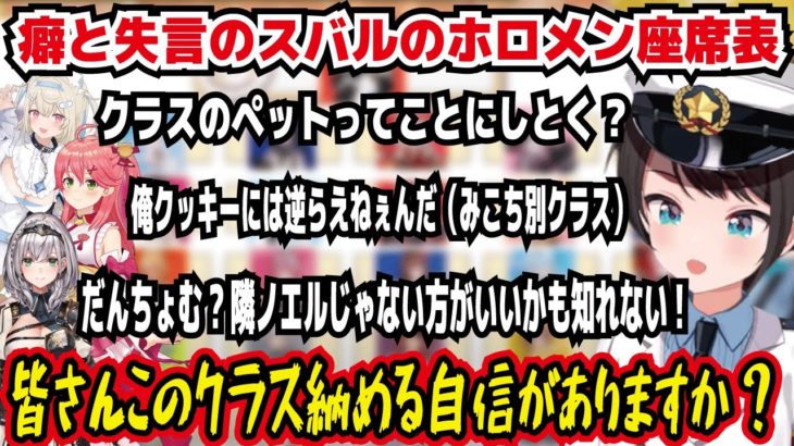 癖と失言のスバルのホロメン座席表 クラスのペットってことにしとく? クッキーに逆らえないんだ（みこち別クラス） だんちょむ?隣ノエルじゃない方がいいかもしれない!【ホロライブ/大空スバル】