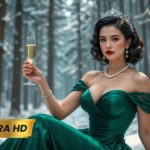 “Elegant Winter Glamour: A Timeless Beauty in a Snowy Wonderland”