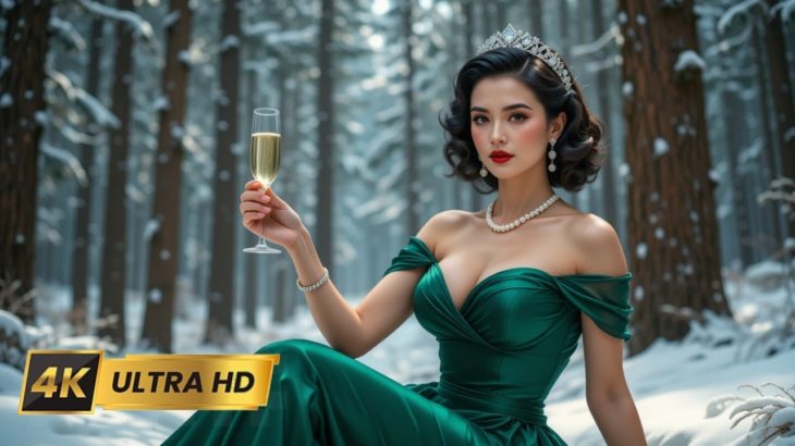 “Elegant Winter Glamour: A Timeless Beauty in a Snowy Wonderland”