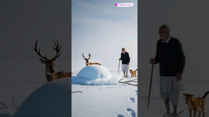 Grandfather and Grandfather’s Pet Dog Rescue a Deer Frozen in the Snow😭 #ai #save #puppy #deer #snow
